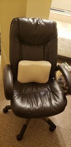lot 161 image: Office Depot High Back Upholstered Office Chair with Cushioned Armrests, Back Support Pillow and Floor Mat
