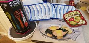 lot 197 image: Bloomingdales Crystal Ovenproof Fish Platter, 10 Piece Silicone Utensil Set, 12 Non-Skid Turntable and 2 Insulated Lunch Bags