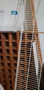 lot 207 image: 6 Ft. Elf Wire Shelf, Wooden Parts Bin, Small Wire Shelf, Peg Board and extra Boards and Trim