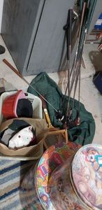 lot 209 image: Vintage Wilson Tennis Rackets, Various Golf Clubs (Including Northwestern and Pinseeker), Large Metal Tins and Hats