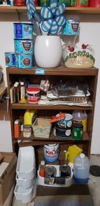 lot 218 image: Contents of Cabinet Extra Floor and Wall Tile, Rain-X, Kilz Paint, Vases and More