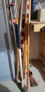 lot 223 image: Metal Rakes, Push Broom, Sledgehammer, Flags