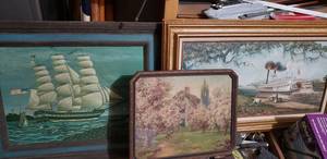 lot 232 image: Marcella Packard Oil Painting of Steamboat, Old Sailboat Print, and Cherry Blossom Farm Print