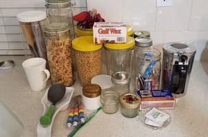 lot 70 image: Helmco-Lacy Electric Caf Pitcher(Fun Story from family-this came out of LBJs campaign airplane which was donated to an airplane mechanics school where the family acquired it), Glass Pasta Canisters (PASTA NOT FOR EATING), Canning Jars and Matches
