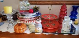 lot 10 image: Holiday Glassware, 2-Tiered Christmas Plate, Coca-Cola Santa Mugs, 5 Pumpkin Ceramic, Glass Candle Pedestal