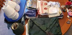 lot 14 image: Table Runner, Rubber Placemats, Several Cloth Napkin Sets, Set of Alexander Lampshades 3x6x5