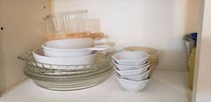 lot 29 image: Fire King and Pyrex Dishes, Pie Plates, Cordon Bleu Dish Set