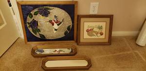 lot 80 image: Framed Cross-Stitch Apple Pie, Framed Stained Glass Hummingbird and Pair of Mirrors
