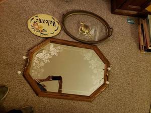 lot 176 image: Entry Mirror with Coat Hangers, Glass Serving Tray, Metal Welcome Sign and Golden Door Knocker