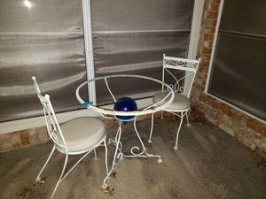 lot 246 image: Metal Patio Chairs with Circle Cushions, Gazing Ball and Metal Patio Table (no glass top)
