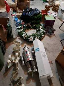 lot 241 image: Outdoor Christmas Decorations, Lit up Snowman, Large Metal Ribbon, Wreath and more