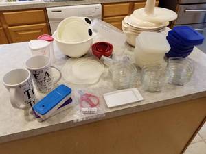lot 257 image: 7-piece Set Tupperware Microwave Stack Cooker in Almond, Copco Plastic Mixing Bowls with pour spouts, large mugs, Glass Square Prep dishes with lids, Plastic Red Measuring Bowls