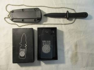 lot 28 image: 2-Knifes, 1-,Lighter Style-Spring Assisted Open-Lock Blade Pocket Knife,1-NEW Necklace Mini Pendant Double Edge Knife With Chain and Sheath
