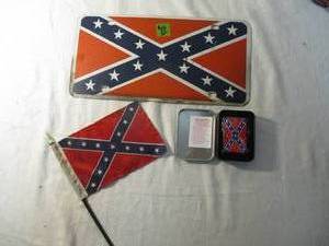 lot 37 image: Confederate Lot- Small Flag, License Plate Cover, and Unused - In original- TIN -Zippo Style- Pocket Lighter