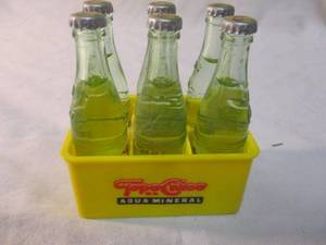 lot 78 image: Set of Six 6 Rare Topo Chico 3 Miniature Collectible Glass Bottles, & Carrier.