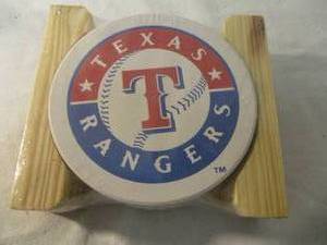 lot 79 image: Set of 4- Texas Rangers Baseball, Ceramic Coasters, With Cork Bottom In Wooden Coca-Cola Holder--Unused-Unopen