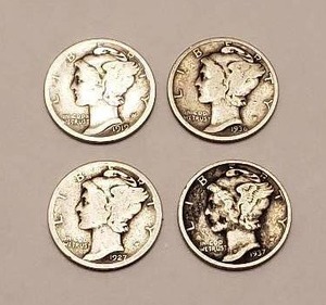 lot 3 image: Lot of 4 Mercury Dimes - 1919, 1927, 1936, 1937 DETAILED PHOTOS ADDED