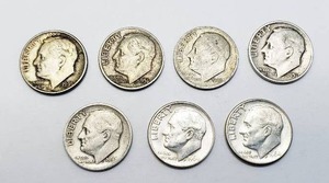 lot 22 image: Lot of 7 Roosevelt Silver Dimes - 1946 (x3), 1951, 1956, 1964 (x2) DETAILED PHOTOS ADDED