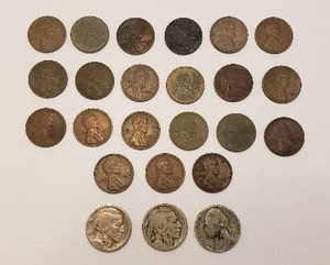 lot 23 image: Lot 2 Buffalo Nickels and 21 Wheat Pennies