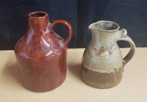 lot 37 image: Lot of 2 Small Crocks.  1 Jug Stamped USA & 1 Ceramic Pitcher w Maker Stamp