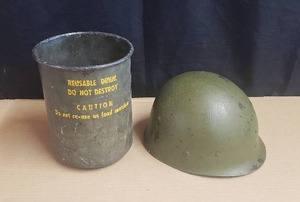 lot 41 image: US Military Vietnam Era M1 Helmet Liner and US Military Shipping Drum