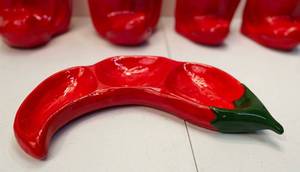 lot 18 image: 7pc Red Pepper Canister & Serving Set. Ceramic. St George 2005