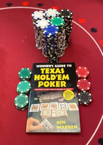 lot 95 image: Multi-Color 11.5 Claytec Poker Chips (345) and Winners Guide to Texas Holdem Poker By Ken Warren