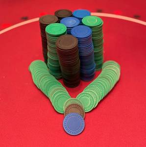 lot 98 image: Multi color Roulette Chips (345 TOTAL)