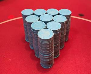 lot 96 image: Light Blue Roulette Chips (345 TOTAL)
