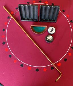 lot 137 image: 2 Vertical Black Craps Chips Holders (each holds 200 chips) Wooden Casino boat, 2 Dice Laments-markers, & 36 Rattan Craps Dice Stick