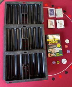 lot 149 image: 3 Chip Trays, 4 Decks of Cards with cut Cards, Buttons and Texas Holdem Poker Book