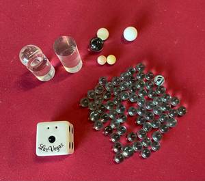lot 150 image: 2 Roulette Marker Tops Several Roulette Balls and a Dice Pepper Shaker