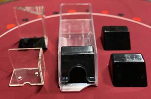 lot 158 image: 2 Blackjack Card Dealer Shoes Dispenser 2 Deck Capacity and 2 Discard Holders