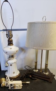 lot 11 image: Vintage Lamps, see pictures Includes Sun Mark Model #100 Desk Lamp, Milk Glass Table Lamp, and Double Taper Desk Lamp