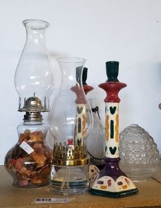 lot 18 image: Hurricane Lamps, Handpainted Taper Candle Holders