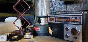 lot 20 image: Windsor tvRadio Model 2239, Coleman Flourescent Lantern, Halogen Bulb, Pair of Metal Candle Holders