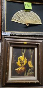 lot 99 image: Vintage Fan with Frame and R. Bennett Print of Flowers and Butterfly