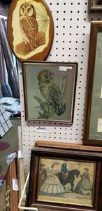 lot 101 image: Owl Plaque and Print and Vintage Godeys Fashions for April 1861 Prints
