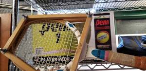 lot 69 image: Vintage Super-Pro Wooden Racketball Racket and Box of Penn Tennis Balls (20 Cans unopened)