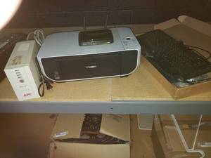 lot 27 image: Onkyo HT-RC430 AV Receiver, APC Backup Battery, Trendnet Wifi Router, Canon Scanner Printer, Computer Keyboards (One still in packaging)