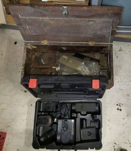 lot 29 image: Vintage Wooden Tool Box with tools and Door Hinges, Snap-On Battery Charger