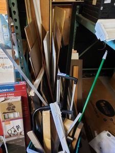 lot 49 image: Peg Board and assorted Shelf Size Boards and Misc. Items