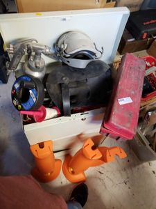lot 42 image: Tool Lot Paint Gun, Knee Pads, Flashlights and More with Cabinet