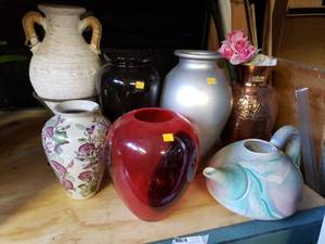lot 53 image: Various Unique Vases ranging from 9 to 20 (Ceramic, Copper and Glass), see pictures