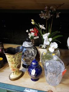 lot 54 image: Handpainted Urns, Vases, and Cut Crystal Candy Jar with Lid 10 Tall approx., see pictures