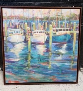 lot 111 image: Canvas Print of Boats in the Harbor 19x19 approx. with frame