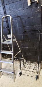 lot 79 image: Kwikkie Aluminum Ladder holds up to 150lbs. and Foldable Metal Shopping Cart