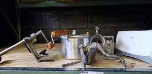 lot 52 image: Nemco Food Press, Oster Toaster, Back to Basics Stove Top Popper