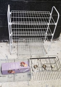lot 86 image: Sink Front Tray Kit, Metal Cart and extra wire shelves, 3-Candle Serving Rack