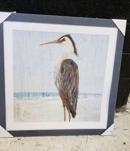 lot 112 image: Heron on the Beach Print with Blue Frame 28x28 approx.